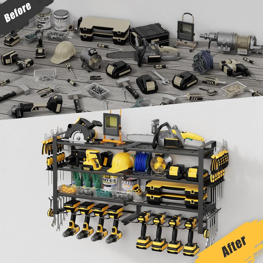 Power Tool Organizer Wall Mount, 4-Tier Tool Storage Rack with 8 Drill Holder...