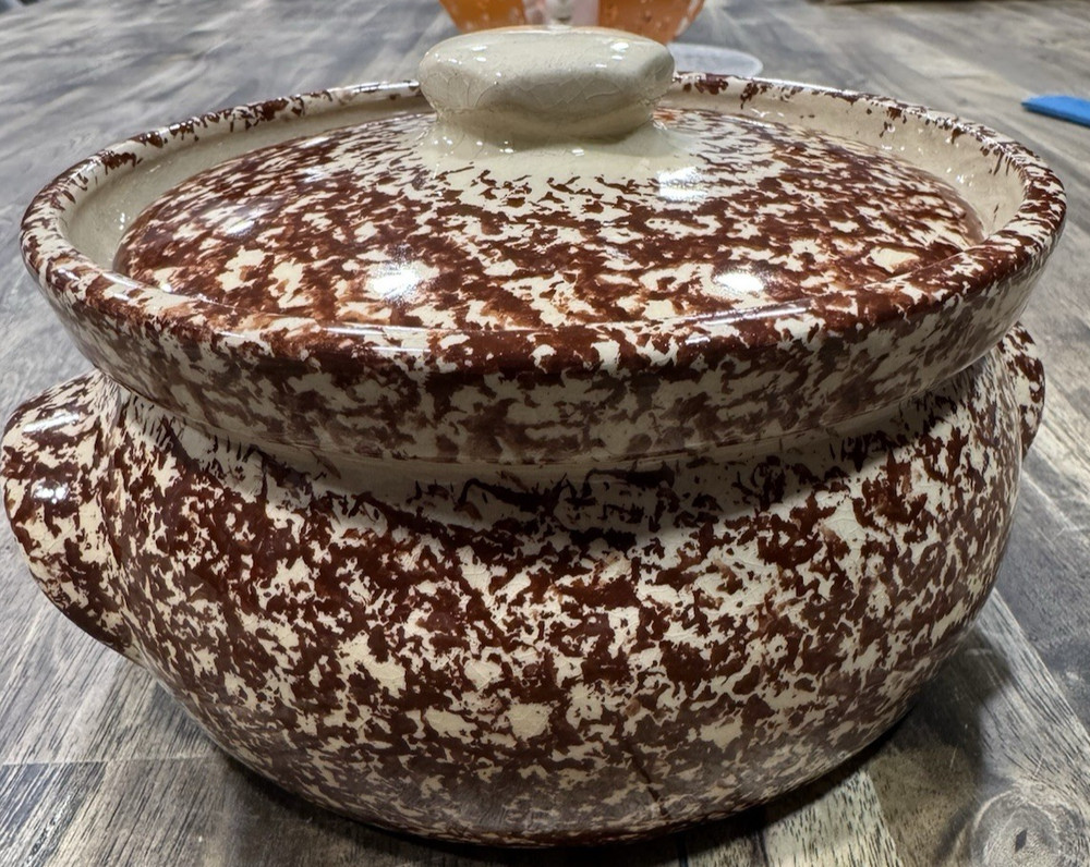 Small Brown Spongeware Cookie Jar Bean Pot RRP