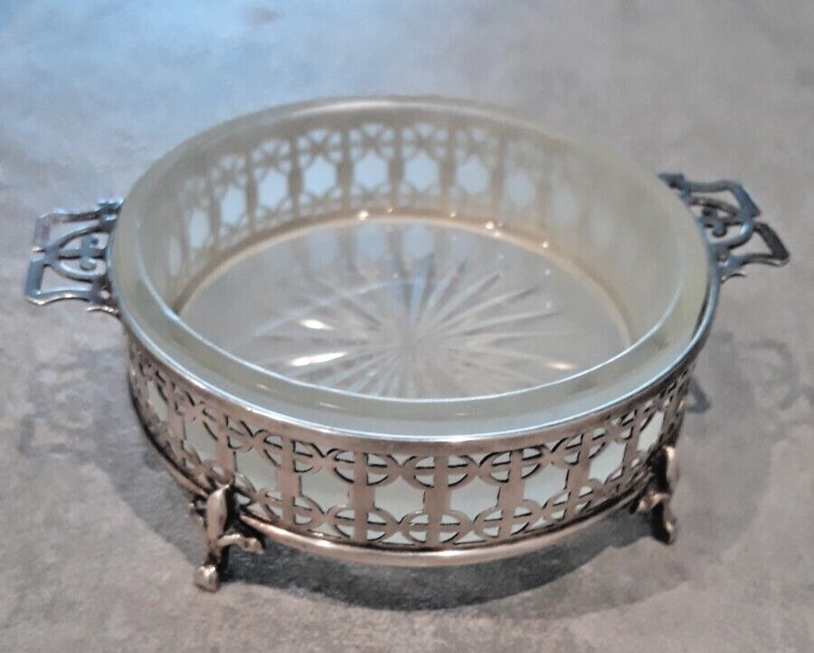 CRYSTAL & STERLING FOOTED BUTTER DISH ENGLAND HALLMARKED