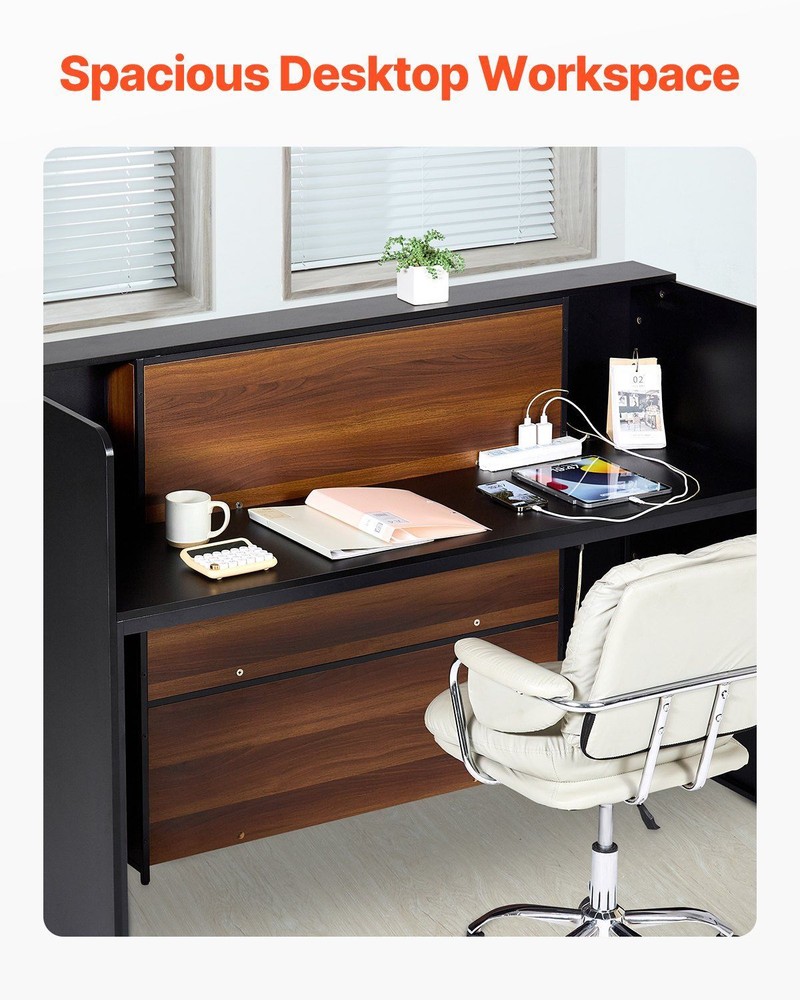 62" Reception Desk - LED Light Front Counter for Office & Retail, Black/Brown