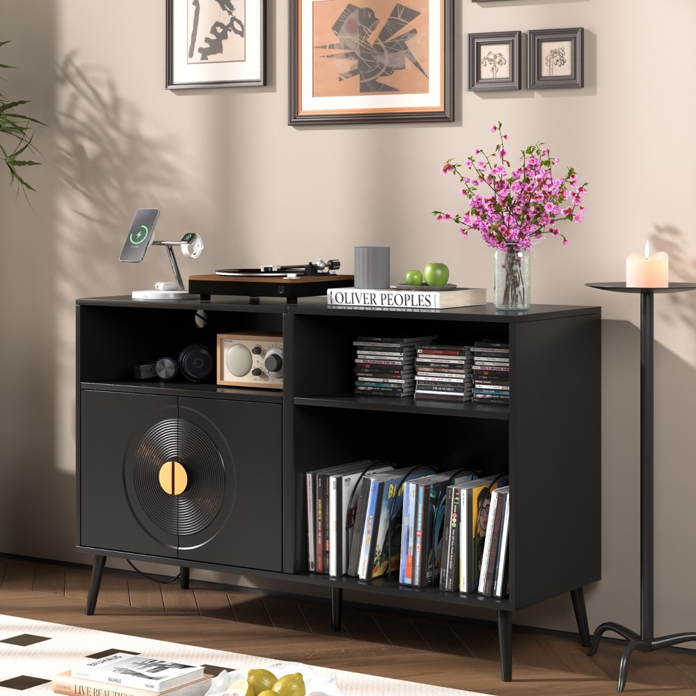 Large Record Player Stand, Mid Century Turntable Stand with Door