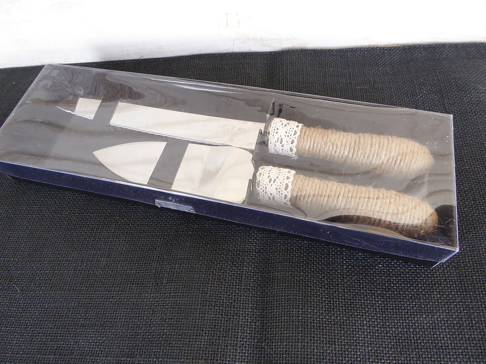 Rustic BURLAP Cake Knife & Server Set - Jute Twine Lace Wedding Serving Set NEW