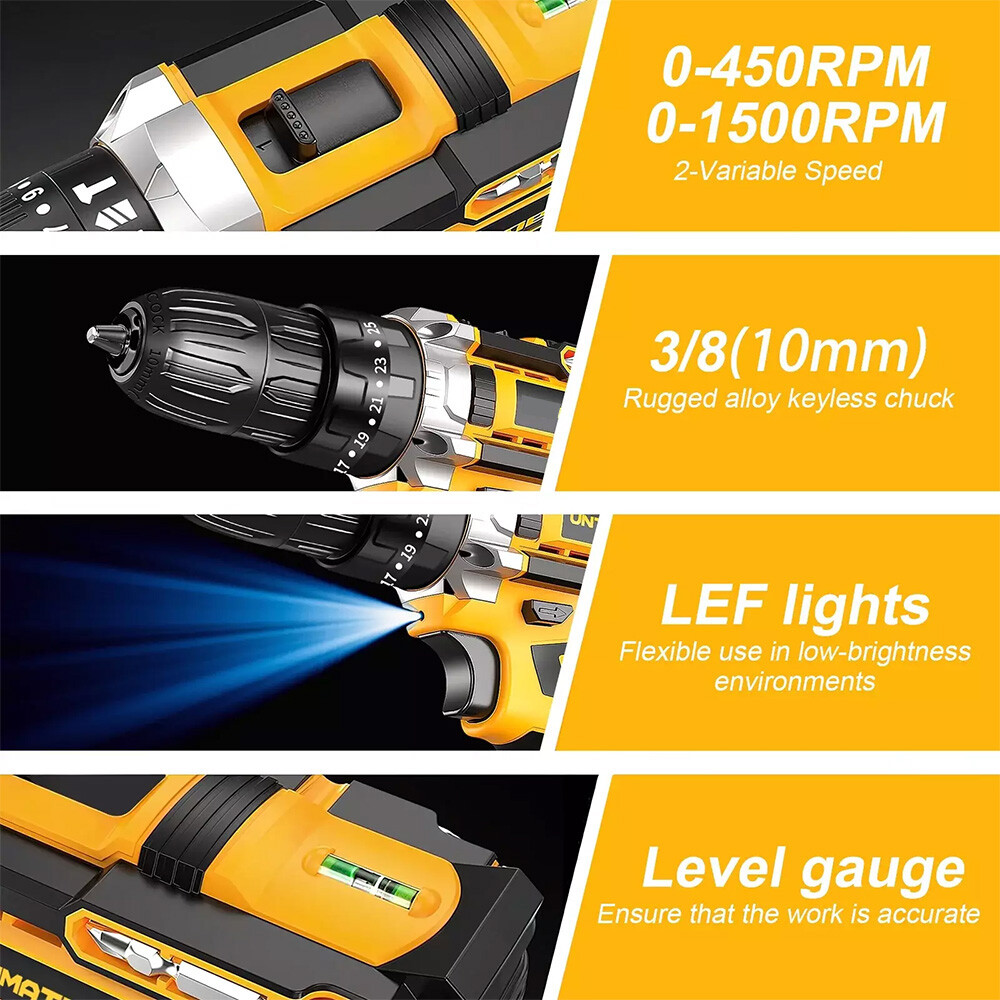 Cordless Brushless Impact Driver Hammer Drill Combo Kit with 2 Battery & Charger