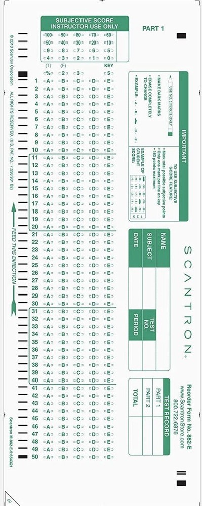 1 Authentic Green Scantron 882-E Testing Test Exam Assessment Form Sheet