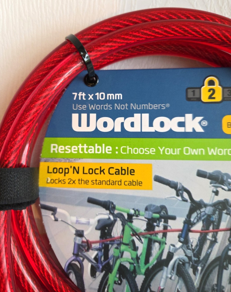 NWT Wordlock Red Resettable Loop N Lock Cable 7ft for Multiple Bikes