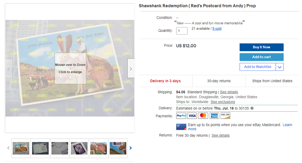 Shawshank Redemption ( Red's Postcard from Andy ) Prop