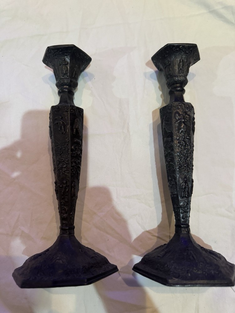 Antique Dutch Colonial Candle stick holder Painted Silver Plate 10”