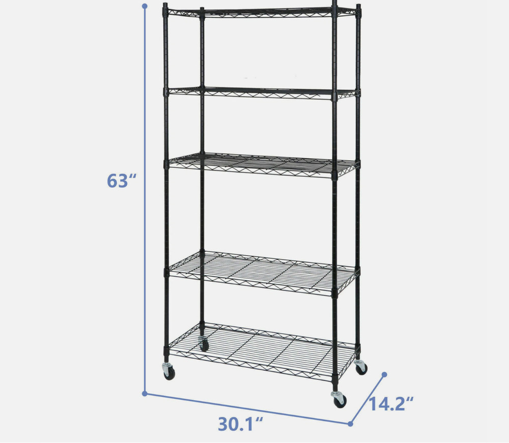 5-Tier Shelves Wire Unit Rack Large Space Storage Rolling with 4 Wheel Casters