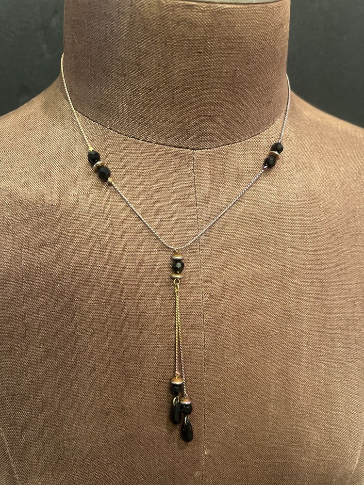 1960s Black Onyx Bead Statement 9" Drop Necklace Silvertone