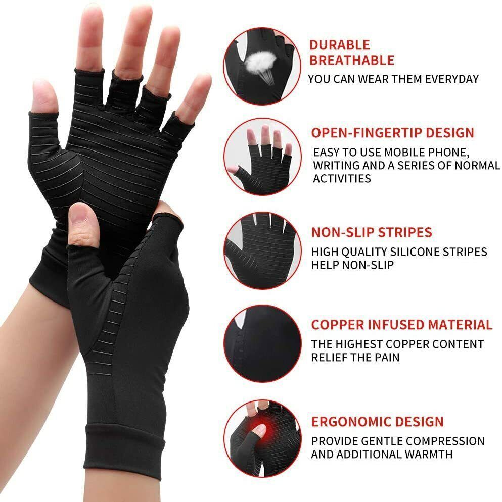 Copper Compression Arthritis Gloves Hand Support Fit Joint Pain Relief Pair