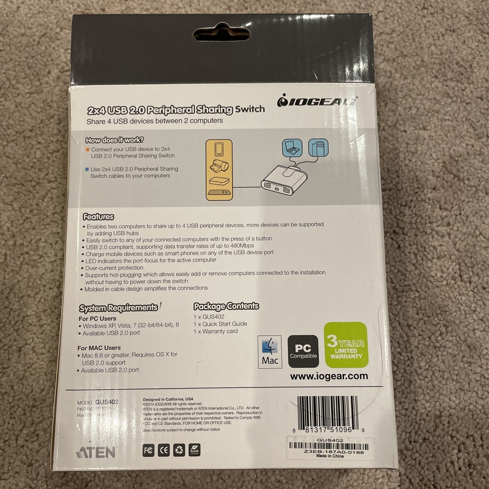 IOGEAR Peripheral Sharing Switch GUS402 2x4 USB 2.0