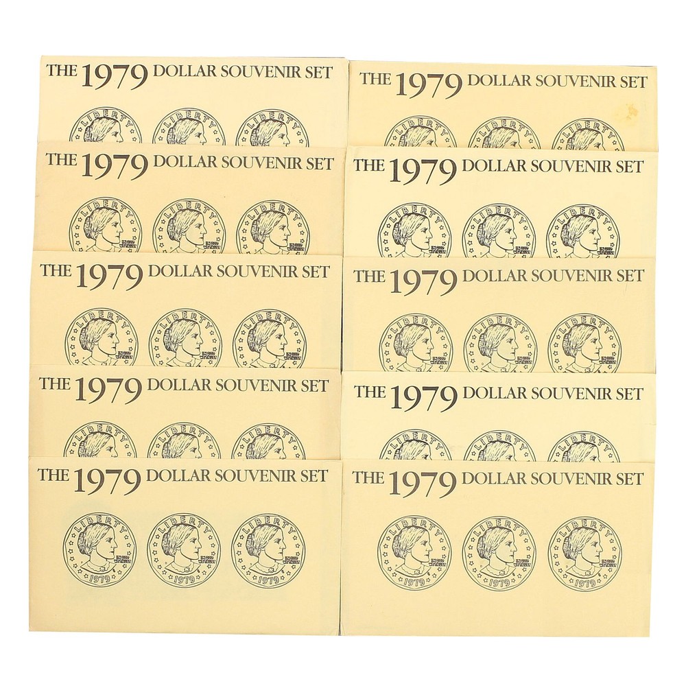 1979 Susan B Anthony Dollars Souvenir Sets Yellow Envelope 10 Pack 30 Coins