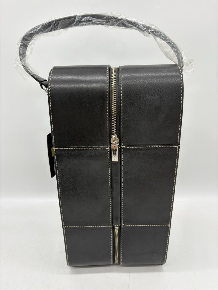 FOSSIL Double Wine Carrier Black Genuine Leather 2 Bottle Protective Case