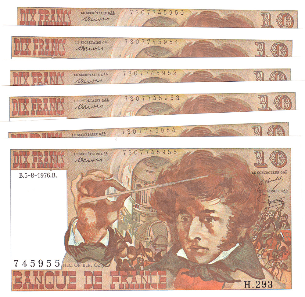 France 10 Francs 1976 6 SEQUENTIAL Gem UNC Notes Pick-96