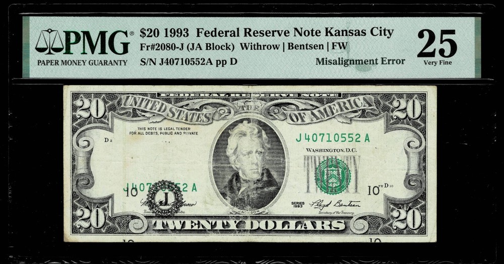 MISALIGNMENT ERROR $20 1993 FR NOTE  FR.#2080-J   PMG VF25