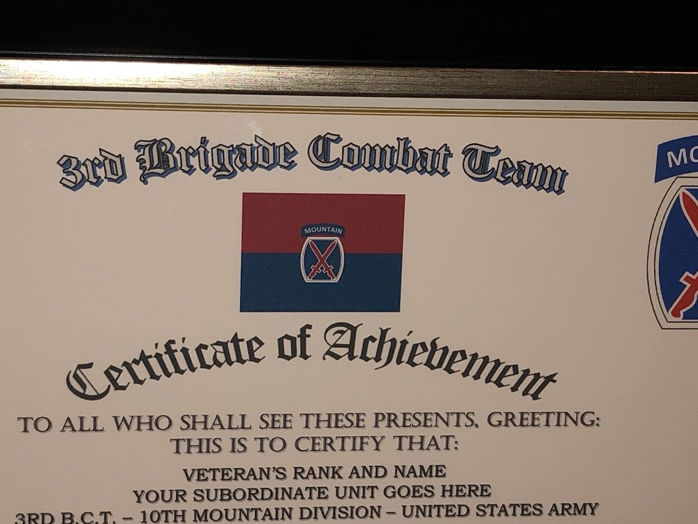 3RD B.C.T. / 10TH MOUNTAIN DIVISION - COA / (COMMEMORATIVE CERTIFICATE)