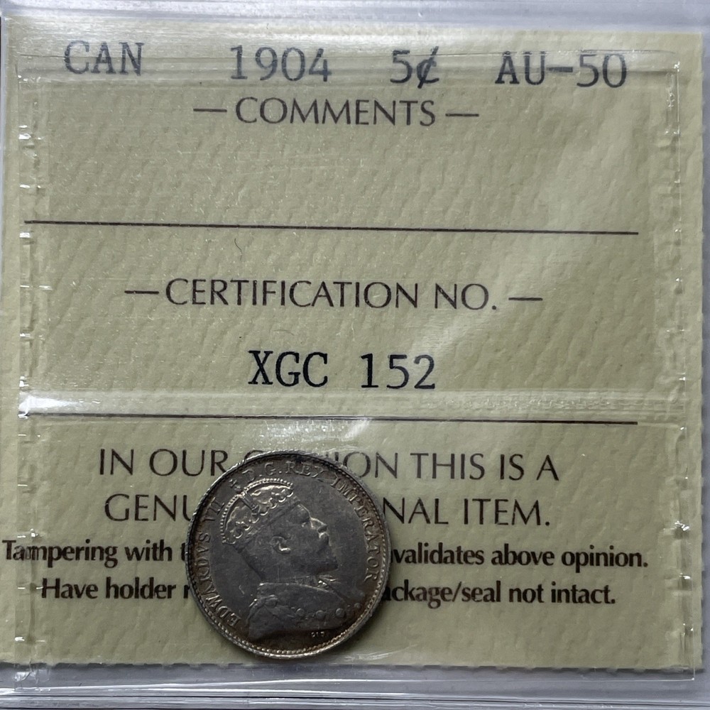 1904 Canada 5 Cent. ICCS Certified AU-50. C-2240