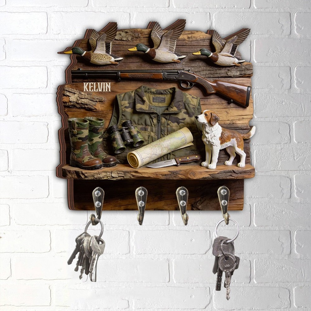 Personalized Duck Hunting Key Holder, Rustic Wall Hooks Custom Name Cabin Gift