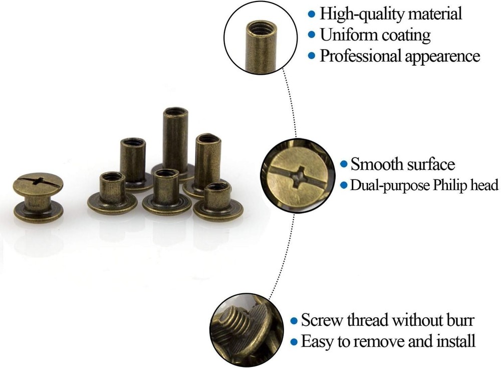 Durable Bronze Leather Rivets - 90 Sets with 6 Sizes for Creative Bookbinding