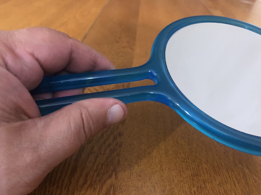 VINTAGE BLUE HANDLE DOUBLE SIDED CIRCULAR PLASTIC MIRROR