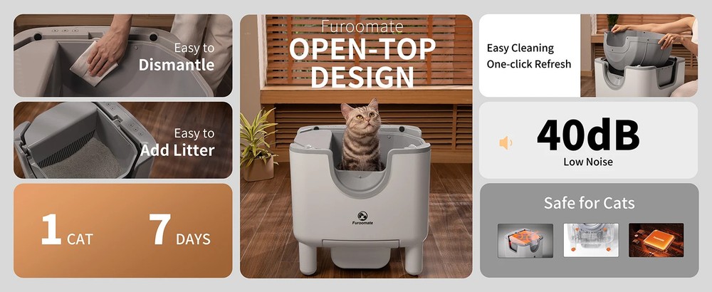Self-Cleaning Litter Box - Open-Top Automatic Cat Litter Box with Odor Control