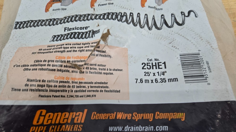 Flexicore Drain Cable, 25HE1 General Pipe Cleaners, 25' x 1/4" Replacement Cable