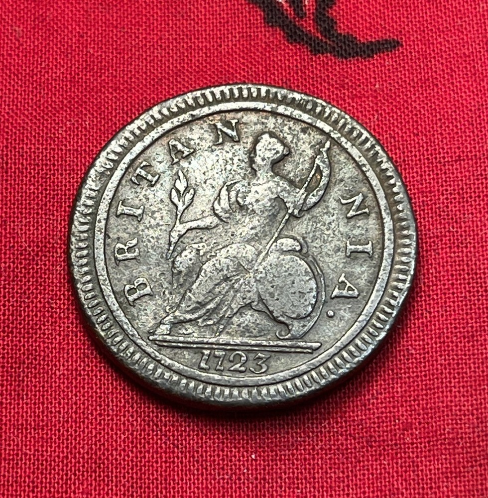 **Authentic 1724 George I, Large Pre-Revolutionary War Halfpenny Nice Example