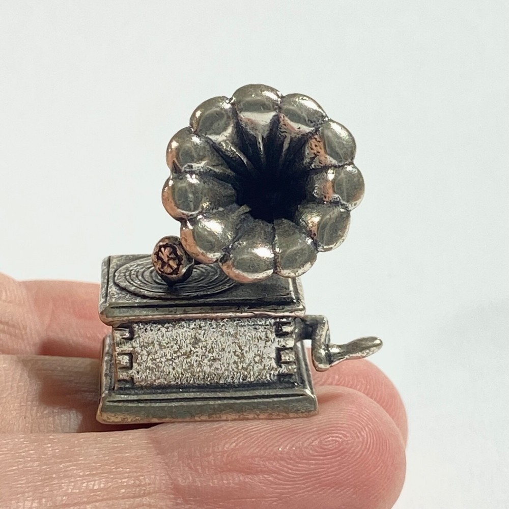vintage solid silver Gramophone miniature ,  hallmarked italian figurine