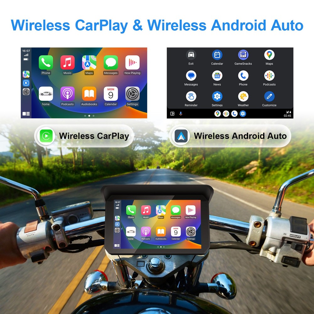 5" Motorcycle CarPlay Android Auto GPS Navi Brightness Touch Screen Bluetooth