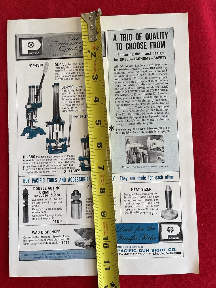 Vintage 1963 Print Ad Pacific Ammunition Reloading Tools Pacific Gun Sight Co.