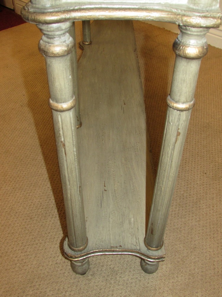 DECORATORS TWO TIER CONSOLE, SOFA TABLE, THREE DRAWERS, GREY FACTORY FINISH