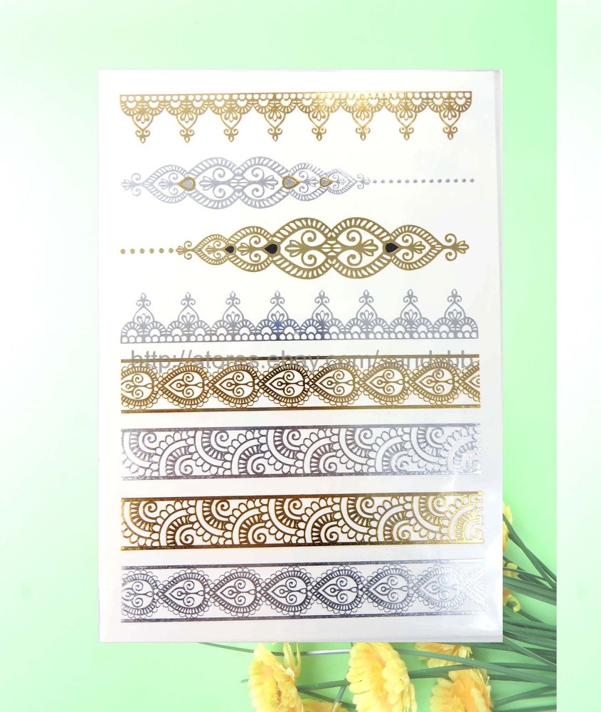 12 sheets gold silver metallic flash tattoo temporary tattoo