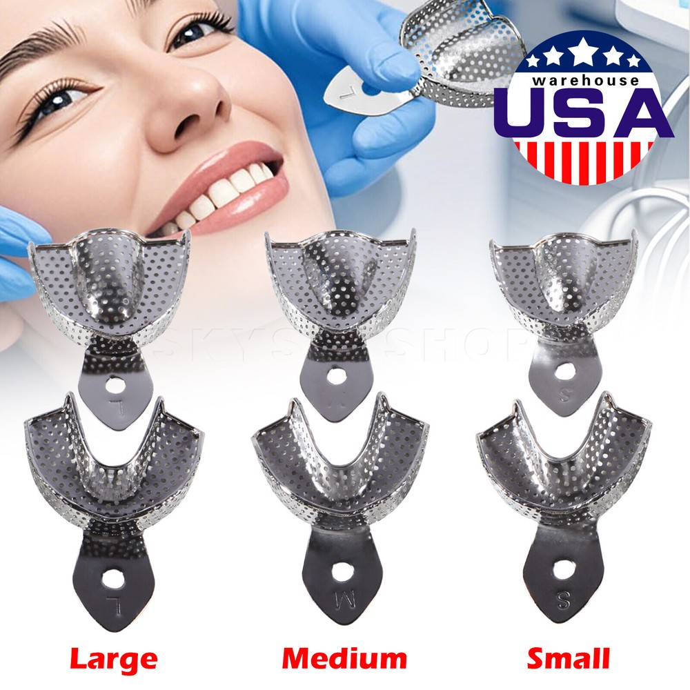 6 Metal Dental Impression Trays Perforated Upper & Lower Endo Instruments