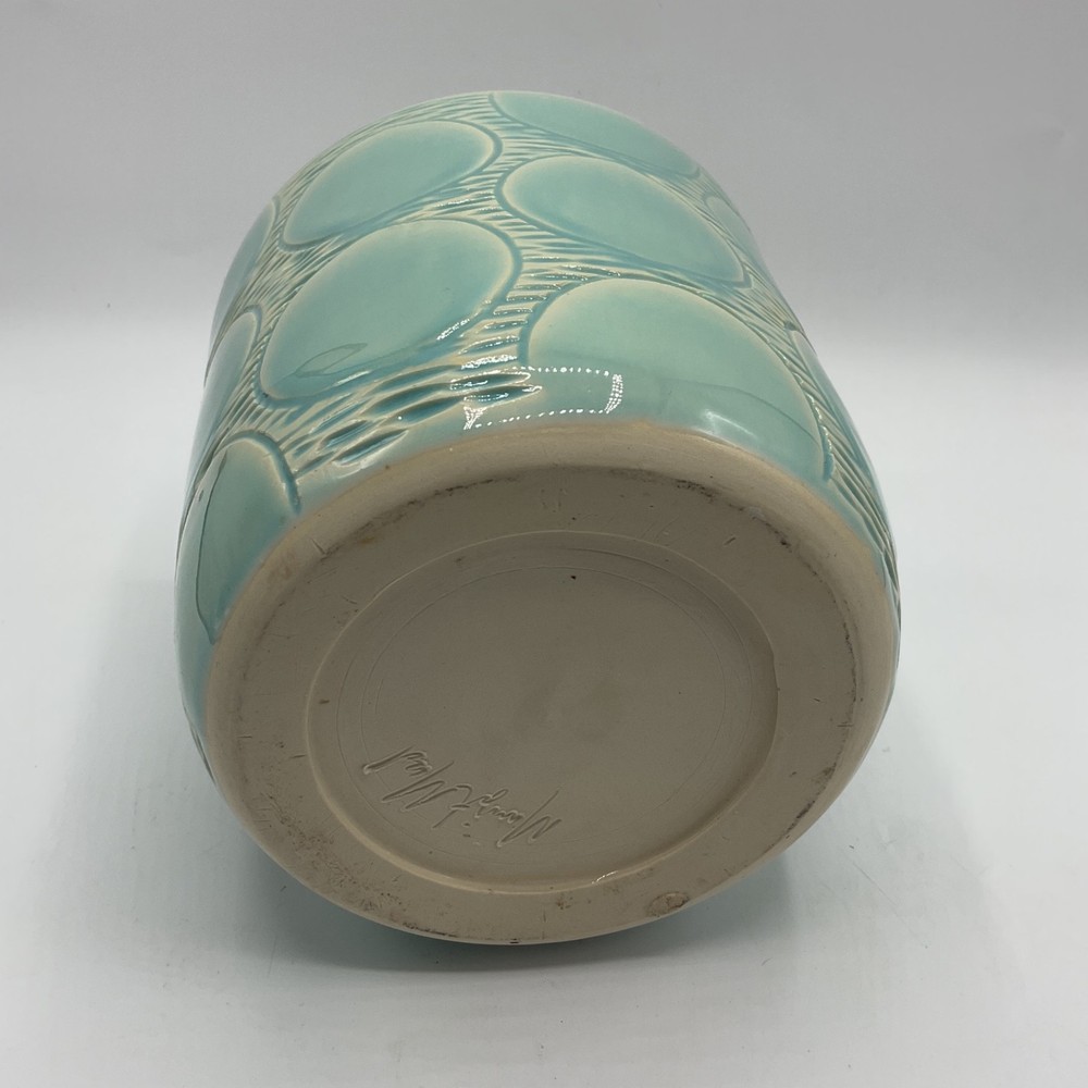 Studio Art Pottery Signed Planter or Utensil Holder Blue White 6”