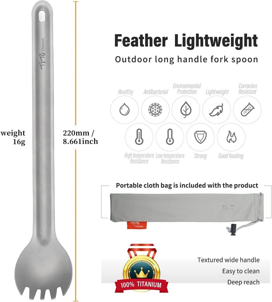 Ultralight Long Handle Spork & Spoon - Eco-Friendly Titanium Flatware Set