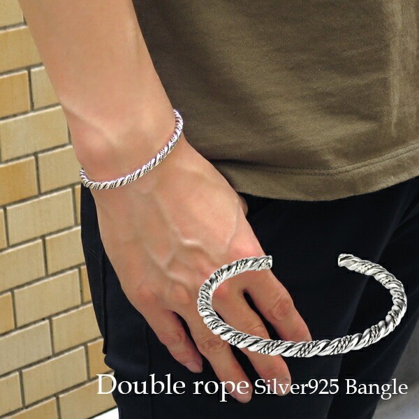 Double Rope Bangle Bracelet, 925 Silver, Twisted Chain, Oxidized Accent