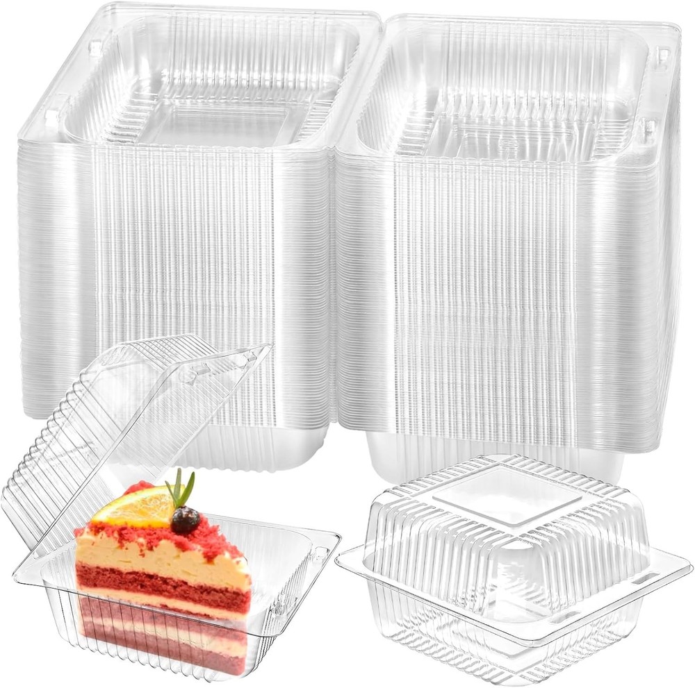 Cake Slice Containers, 100 Pcs Square Clear Plastic Hinged Food Containers wi...