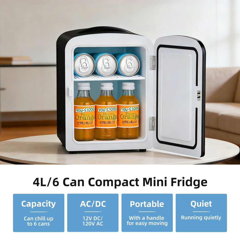 4L/6 Can Portable Mini Fridge,Personal Compact Refrigerator,Small Cooler for ...