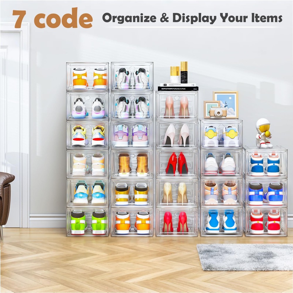 7 code Large Clear Shoe Boxes Organizer【Thicker Material】 9 pcs, White