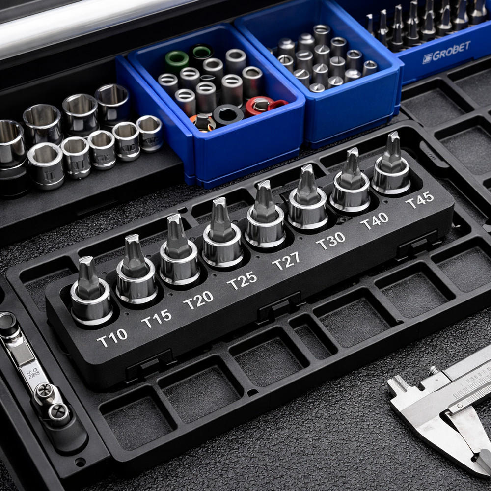 Gridfinity 3/8" Torx Bit Socket Holder T10–T45 1x4 Rail Organizer