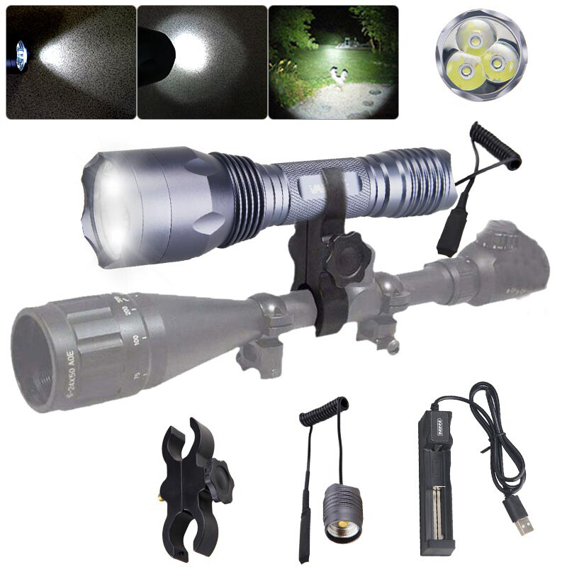 Hunting LED Flashlight Torch Rechargeable 800Yard 2000LM White Light Scope Mount