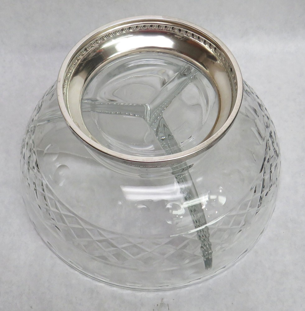 LARGE CRYSTAL & STERLING SILVER 3 SECTION SIDE ENTREE / SAUCE SERVING BOWL