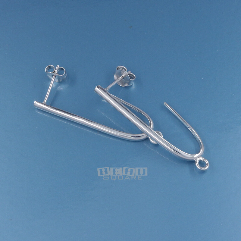 2 Sterling Silver Long J Stud Post Earrings w/Clutches, Open Loop 34mm #33575