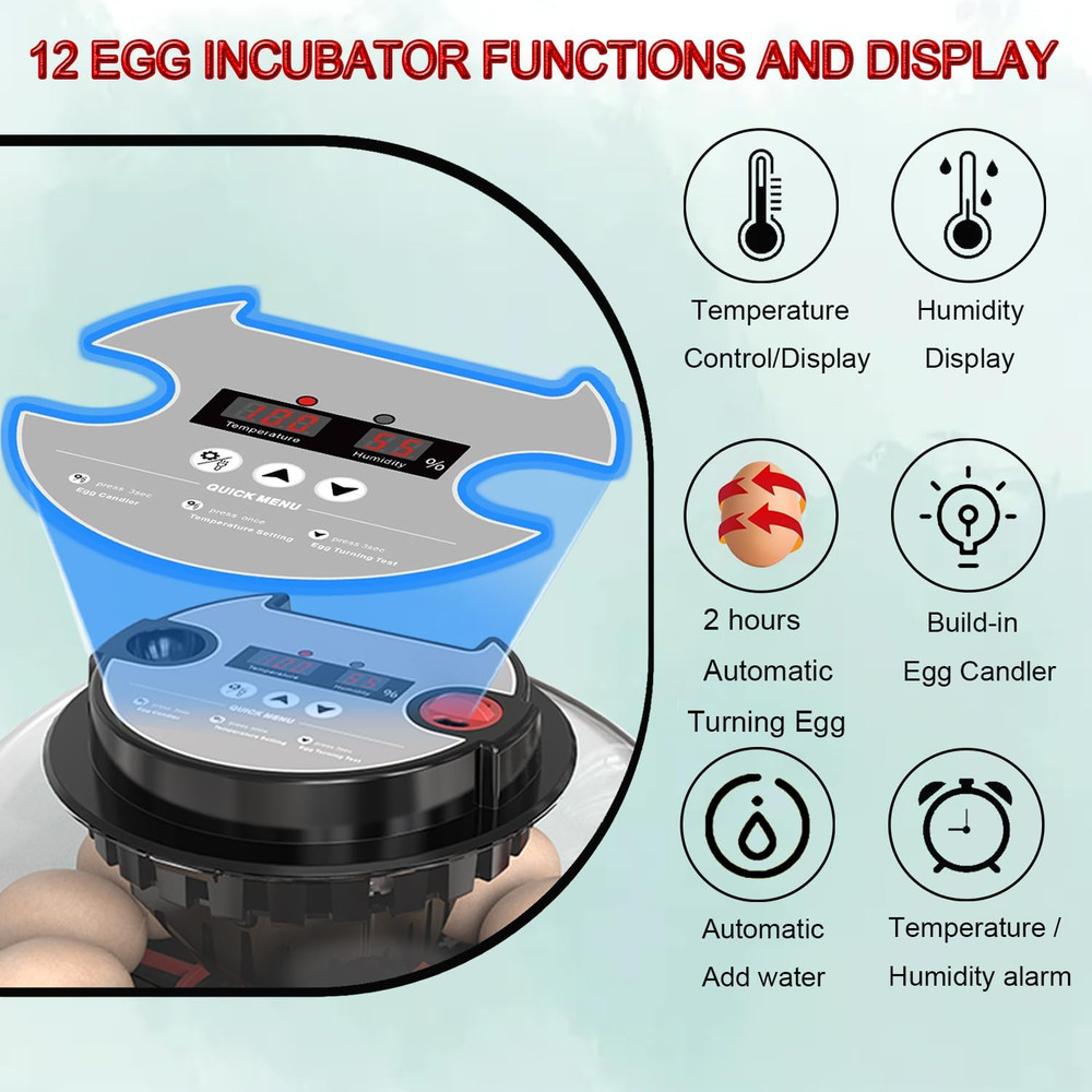 Incubators for Hatching Eggs,12 Egg Incubator with Automatic Egg Turning and Hum