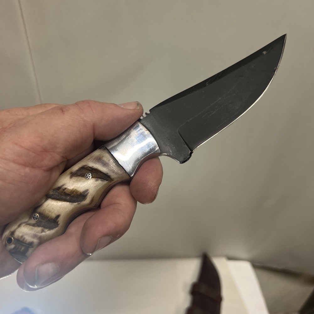 Custom 8.5”Fixed Knife w/ Bone Handle W/Leather Sheath
