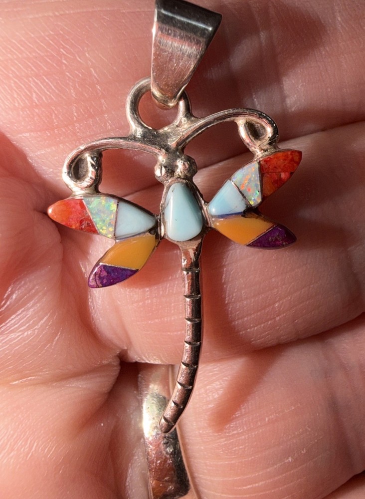 Dragonfly Micro Inlay Multi Gemstone Sterling Silver 925 Pendant Native A