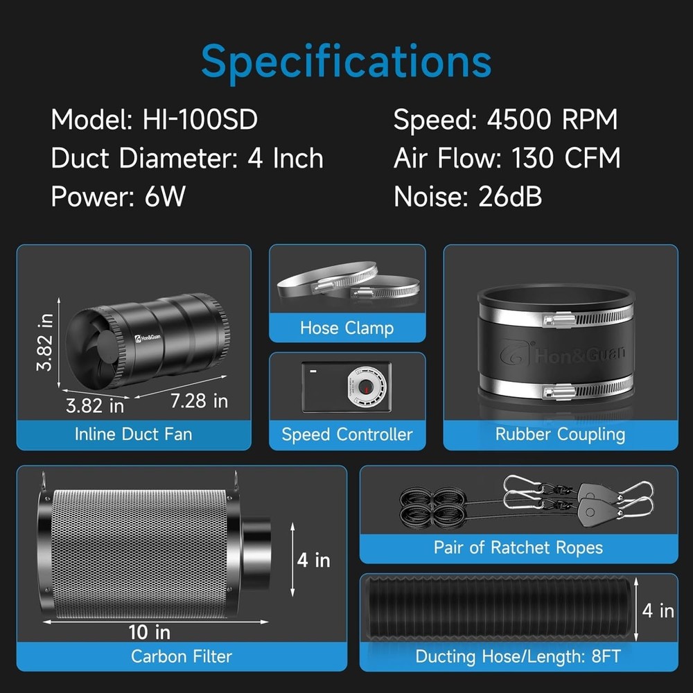 Efficient 4" Hydroponics Ventilation: Duct Fan, Carbon Filter, Speed Control