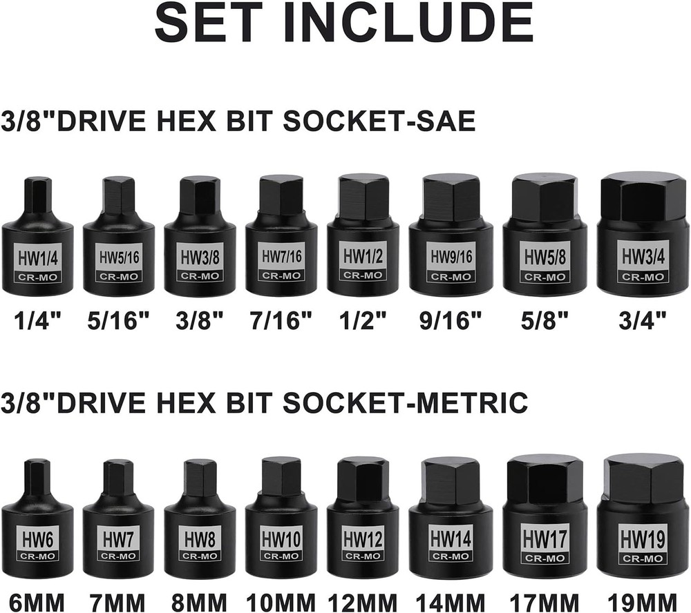 16 Pieces 3/8" Drive Low Profile Hex Socket Set, Impact Allen Bit Socket, CR-...