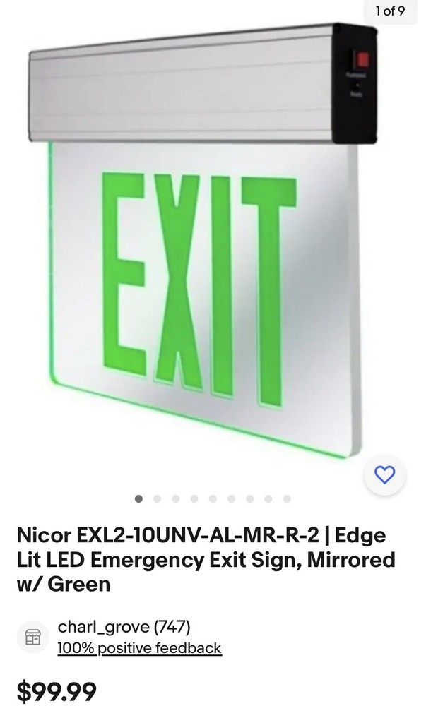LED Emergency Exit Sign, Clear with Green Lettering