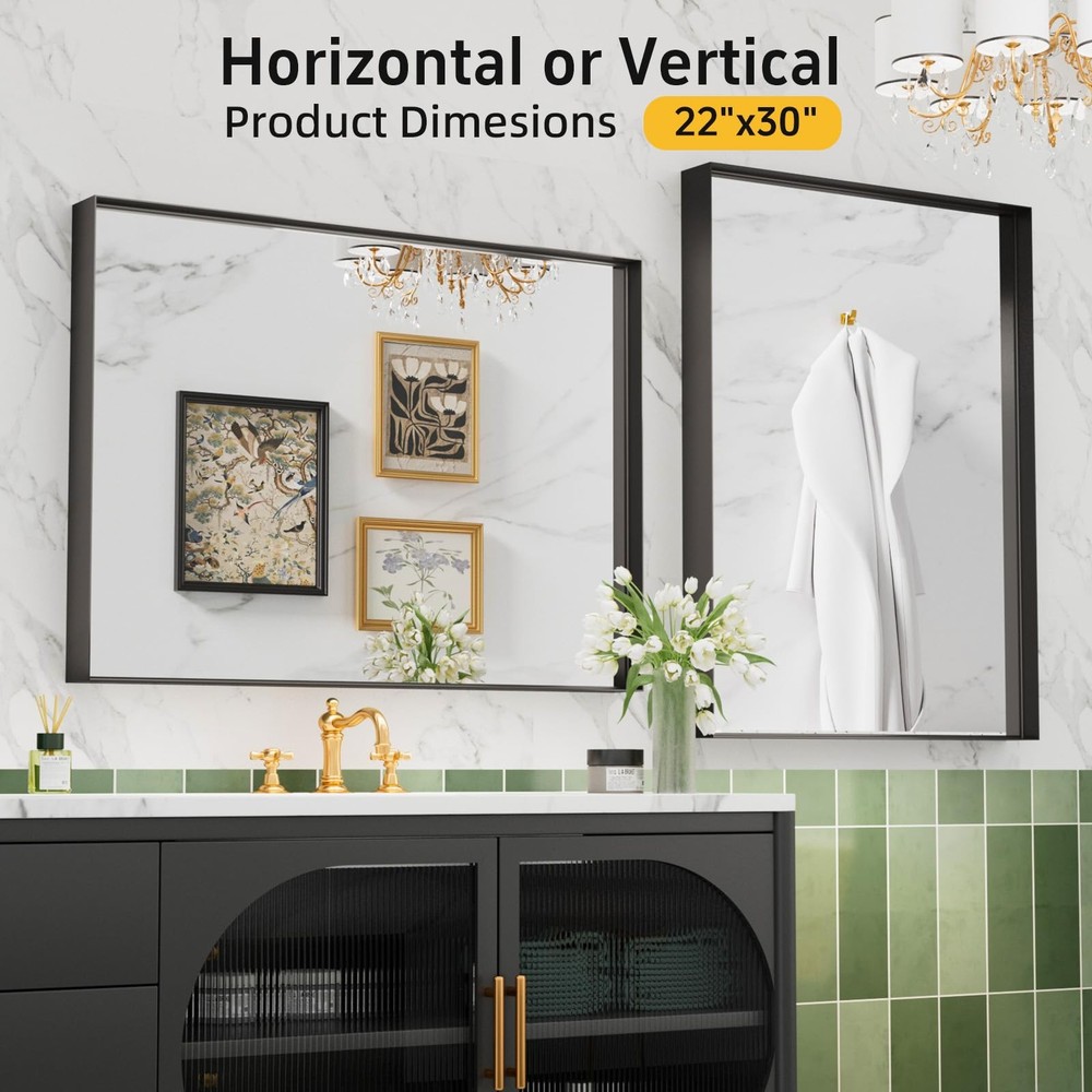 Black Vanity Wall Mirror, 22x 30 Inch Rectangular Bathroom Mirrors for Over S...